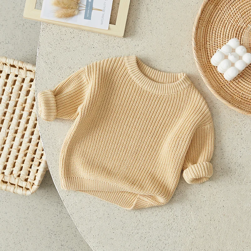 Suefunskry Sweater rajut bayi perempuan, atasan kasual longgar polos musim gugur dan dingin, lengan panjang rajut untuk bayi baru lahir ukuran 3M-5Y