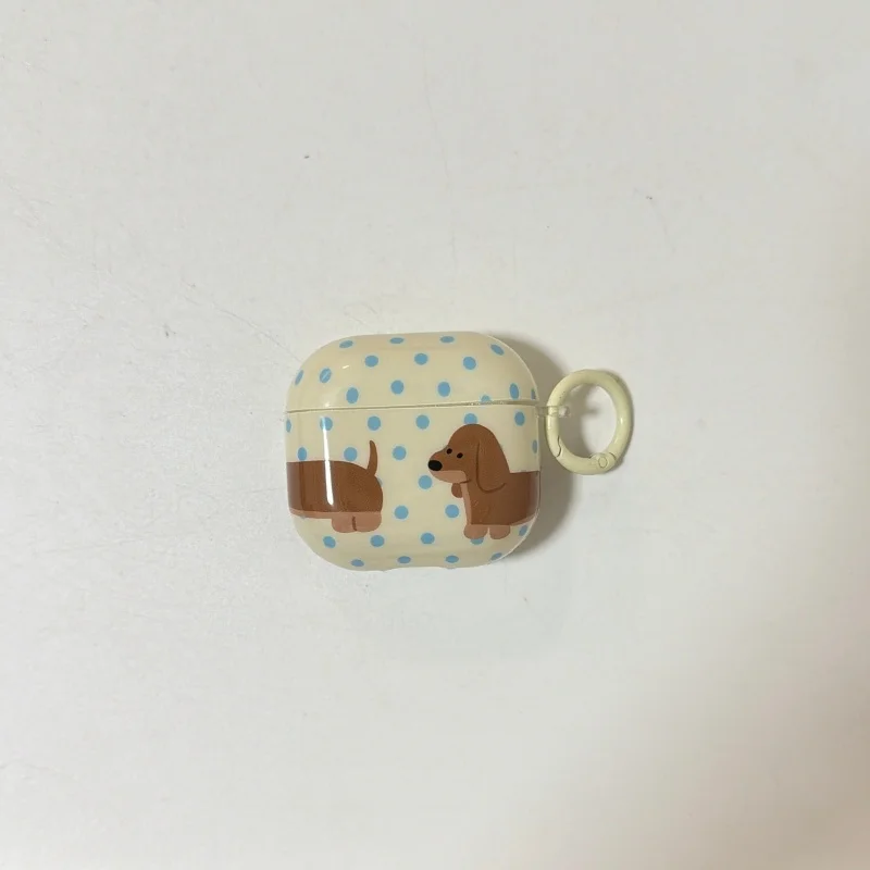 IMD Brown Sausage Dog Blue Dots Print Earphone Case with House Pendant for Airpods 1, 2, Pro, Pro2, Pro3, 3, 4, Dustproof