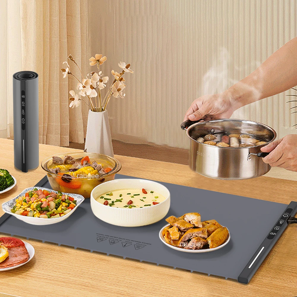 Plateau chauffant électrique pour aliments avec 8 réglages de température, tapis chauffant rapide et constante pour aliments, plaque chauffante intelligente pliable en Silicone