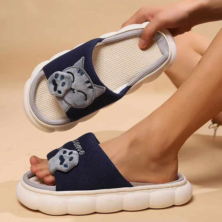 Leinen Casual Hausschuhe Frauen Haus Plattform Niedlichen Cartoon Katze Designer Schuhe Mädchen Flache Mode Elegante Schuhe Indoor Große Größe – Detail 23