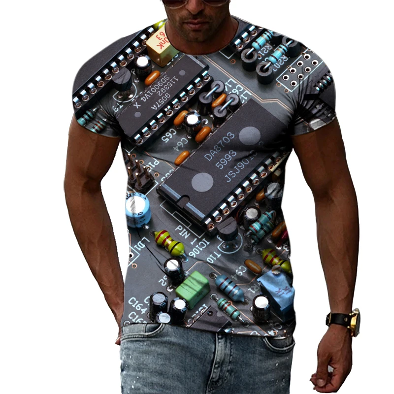 O-neck Casual Tops 3D Printing Electronic Chip Men's T-shirt Summer Creative Breathable Fitness Street Oversized Tees