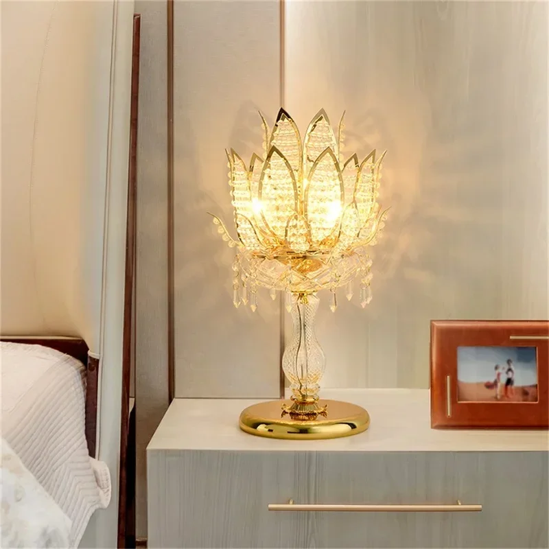 ELARA Luxury Table Lamp Crystal Modern Gold Lotus Creative Decoration LED Desk Light For Home Bedside