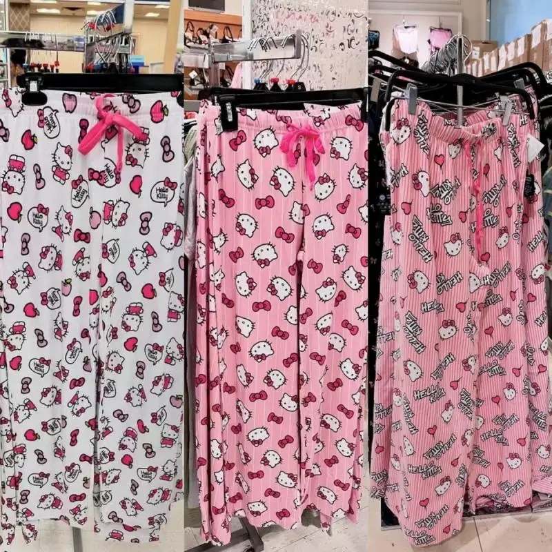 Hello Kitty Pajamas Pants Anime Kawaii Sanrio Pajamas Cartoon Casual Soft Comfortable Cute Girl Home Wear Wide Leg Pants