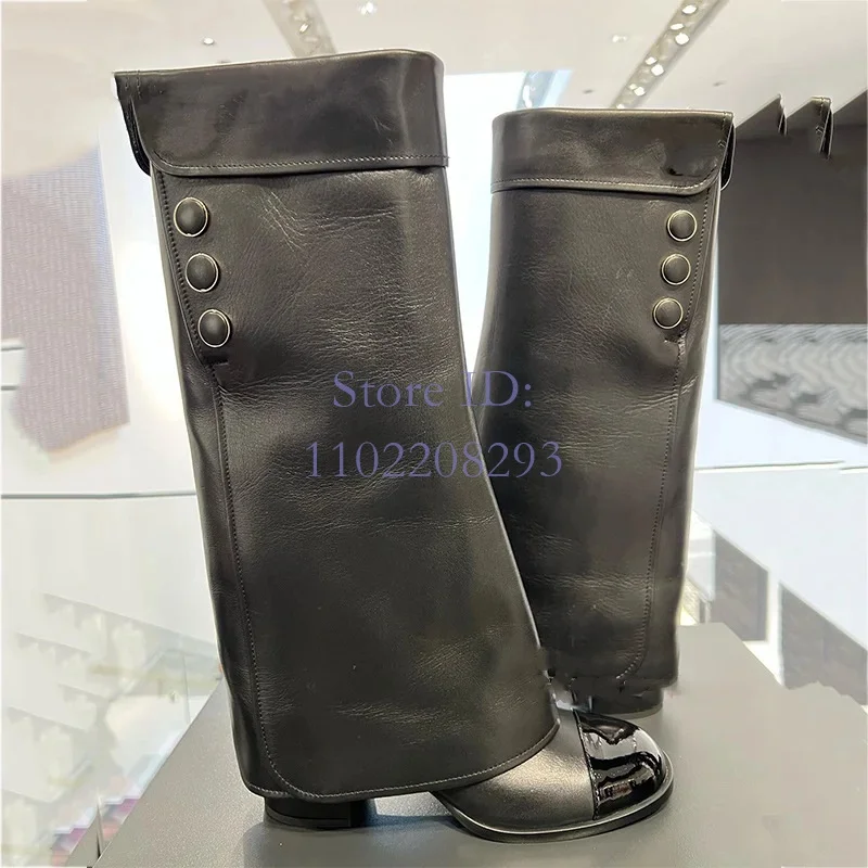 

Black Buckle Chunky Heeled Modern Boots Round Toe PU Solid Knee High Heels Boots Women Slip-on Fashion Shows Party Shoes 2024