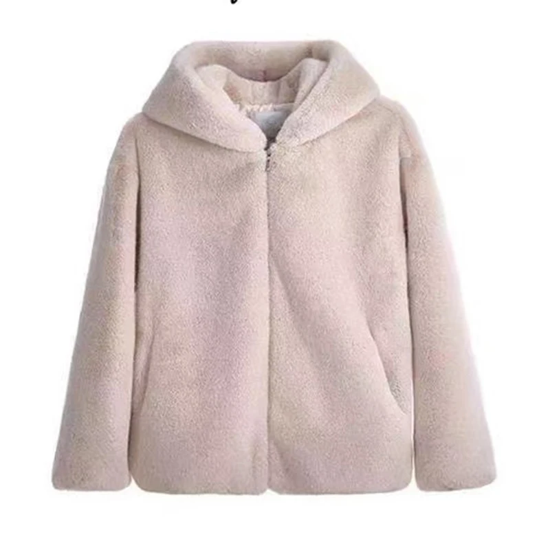 Abrigos de piel de visón de lujo para mujer, prendas de vestir exteriores cortas con capucha, forro polar de cordero holgado, chaqueta gruesa y cálida con cremallera, Tops informales esponjosos, novedad de 2025