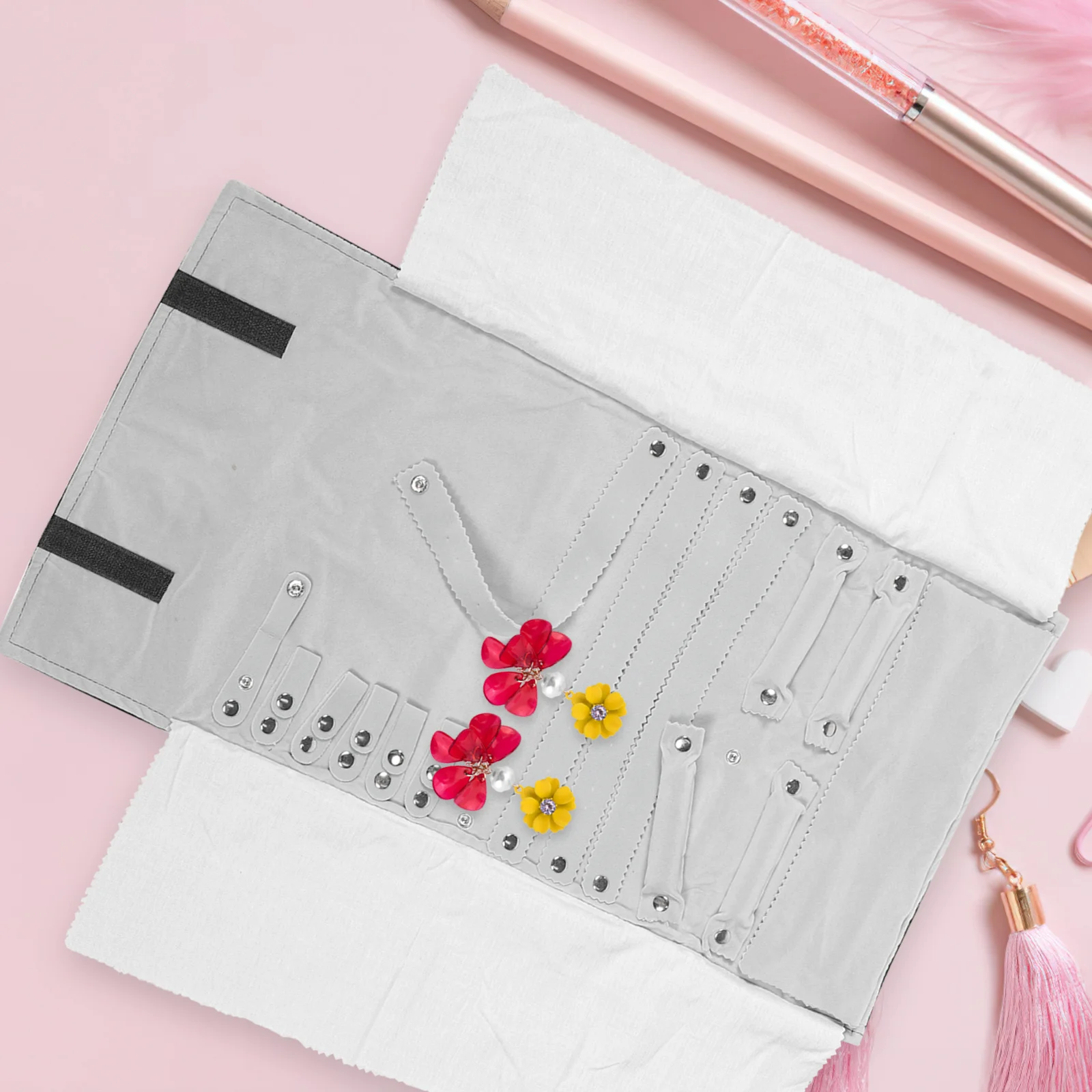 Рулон для хранения ювелирных изделий, роскошная ткань, серая подкладка, легкий органайзер для путешествий, кольца, серьги, ожерелье, органайзер, рулон ювелирных изделий