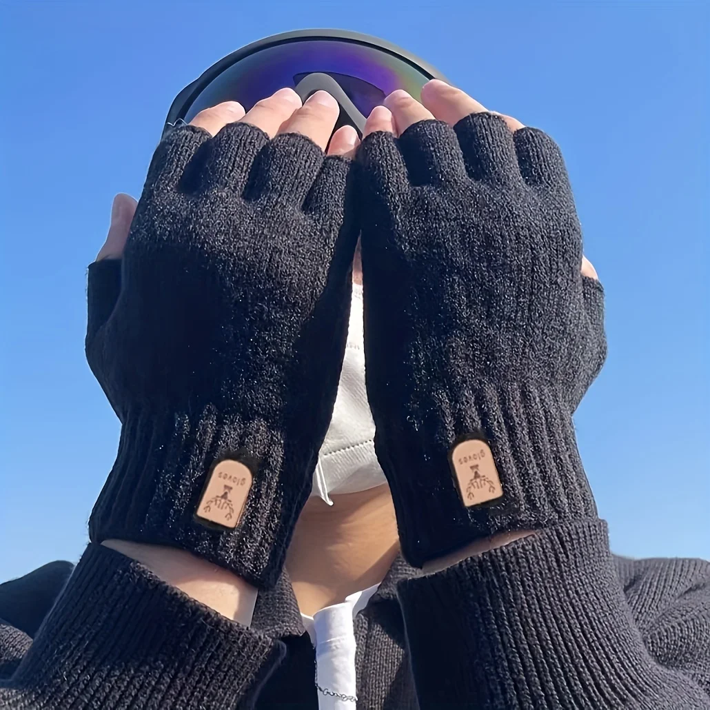 Men's Winter Warm Half Finger Gloves for Work, Study, Driving, Typing, Exposed Finger Gloves, Couple Gloves