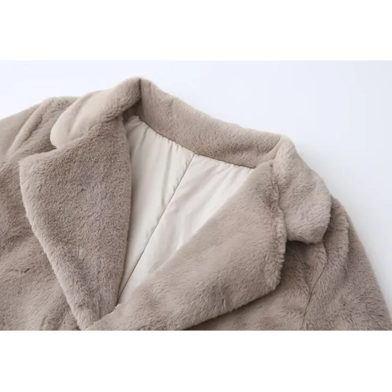 Otoño mujer abrigo largo de piel sintética con cuello de solapa grande Casual bolsillo de manga larga prendas de vestir exteriores para mujer abrigo elegante para mujer