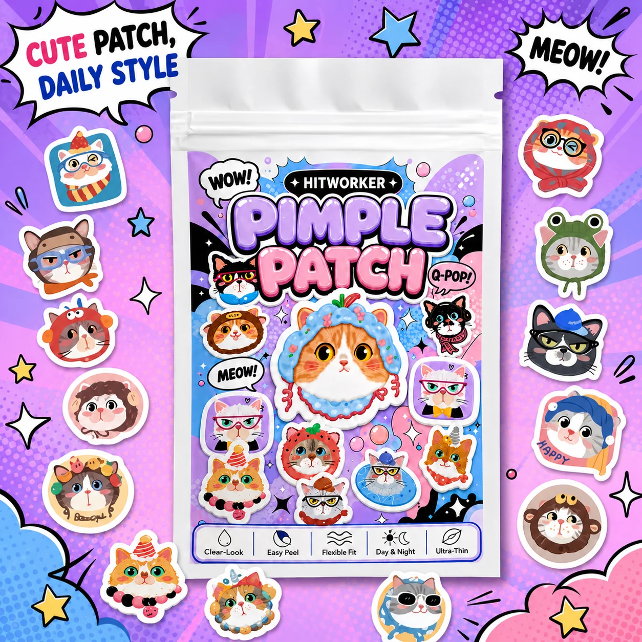 48/240pcs Cute Cat Hydrocolloid Spot Cover Patches, Cartoon Face Stickers, Easy Peel Daily Skin Care Day Night Use view 2