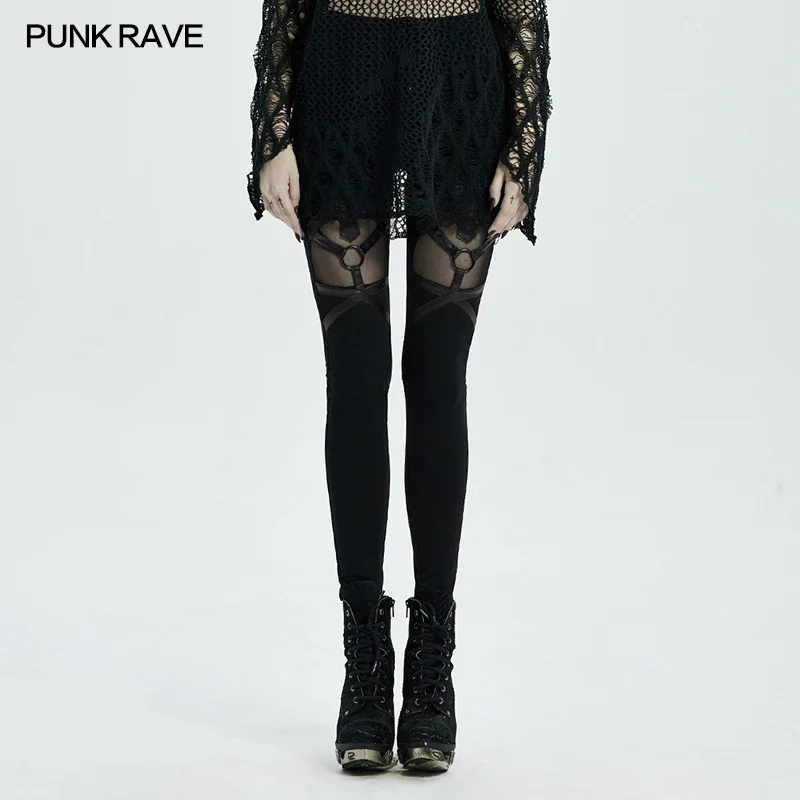 

PUNK RAVE Women's Gothic Architecture Black Leggings Fashion Personality Perspective Mesh Elastic Band Trousers Streert Wear