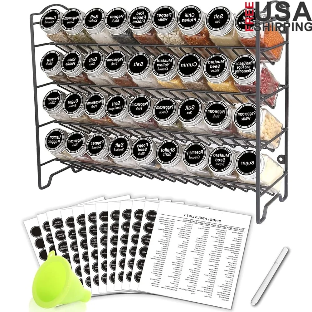 

Spice Rack Organizer with 36 Empty Spice Jars 396 Labels Chalk Marker Funnel Complete Set Cabinet Countertop Wall Mounted