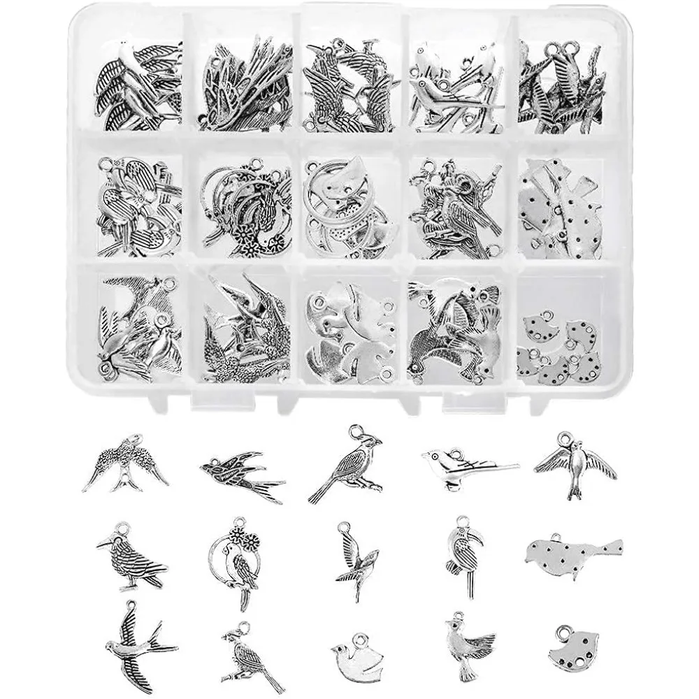 15 Style Bird Charms 90pcs Swallow Charms Tibetan Antique Silver Animal Pendants Beads for DIY Spring Earring Necklace Bracelet