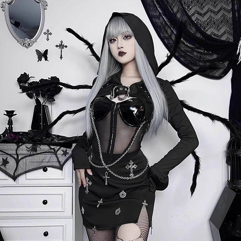 RORORIRI Snack Buckle Hooded Shrug Women with Waist Chain Dark Punk Black Smocked Long Sleeves Cropped Jacket Top Gothic Clothes