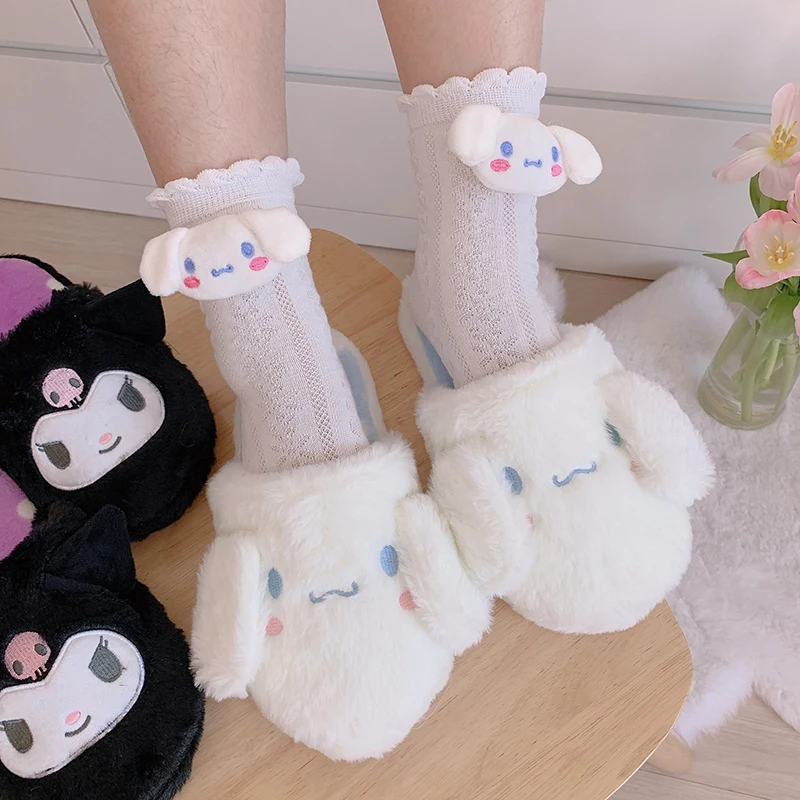 Sanrio Cinnamoroll pantofel ciepły zimowy styl japoński buty wewnętrzne Lolita skarpetki śliczne Kuromi kapcie domowe dla dziewczyny płaskie