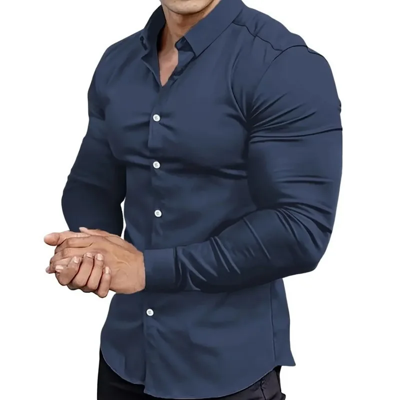 

Cross-border European American Independent Station Men's Long-sleeved Printed Business Casual No-iron Solid-color Lapel Shirt