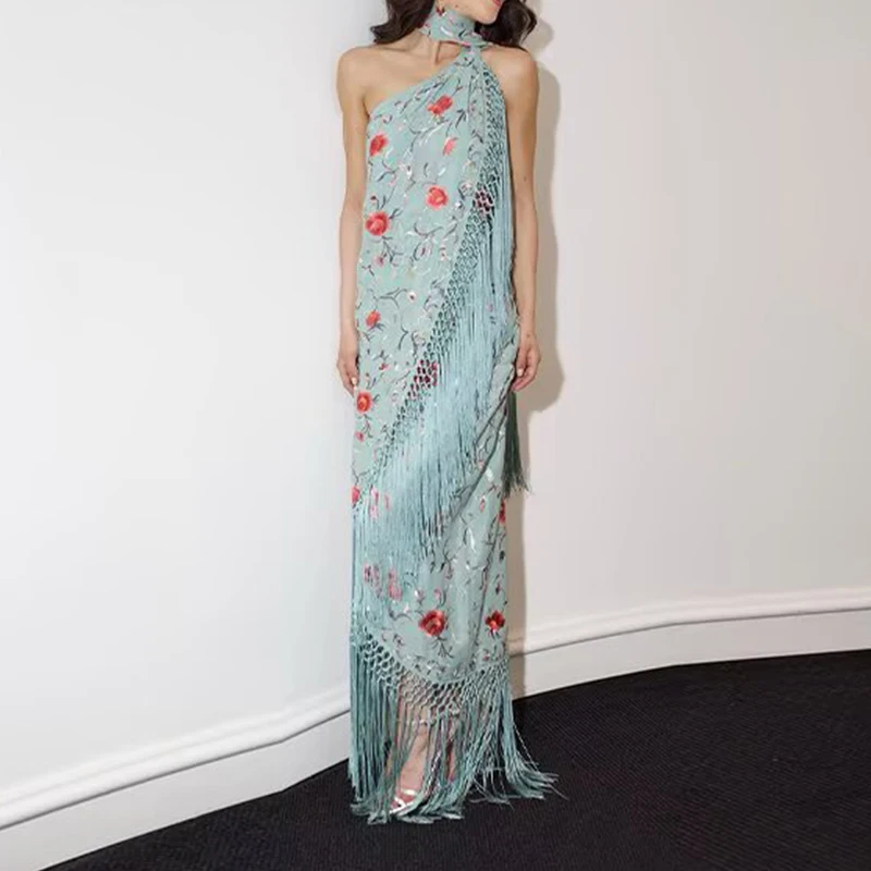 Elegante impressão cachecol colarinho sem costas vestido de festa senhora sexy sem mangas altura cintura bohe vestido moda borla decorativo vestido longo