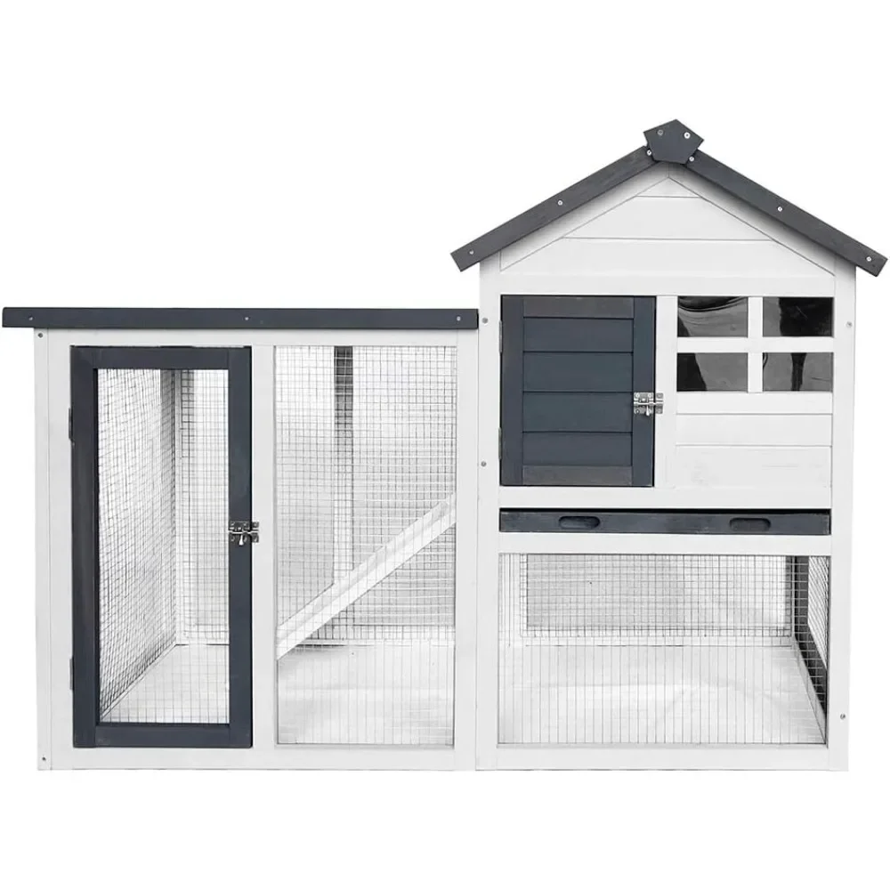 

48 Inch Wood Rabbit chicken Cage with Pull Out Tray 2 Levels Bunny House Outdoor Indoor Cage