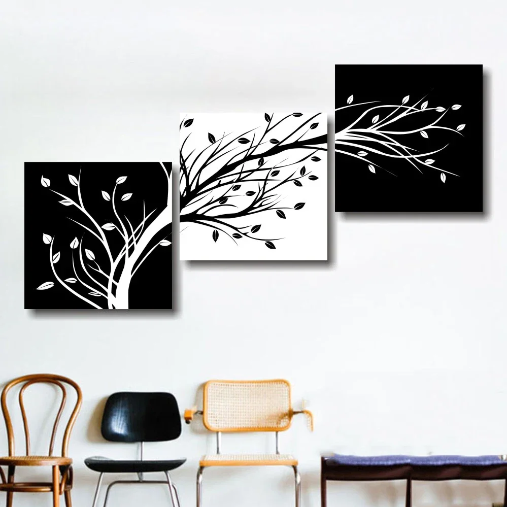 3 Panel Black and White Tree Leaves Posters Wall Art Canvas Pictures Home Decor Paintings Accessories for Living Room Decoration