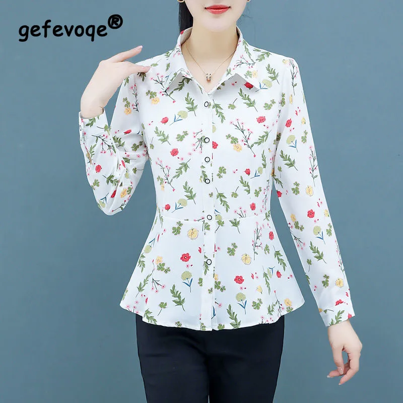 New All-match Long Sleeve Women\'s Clothing 2023 Spring Printing Elegance Female Tops POLO Collar Button Slim Chiffon Shirt