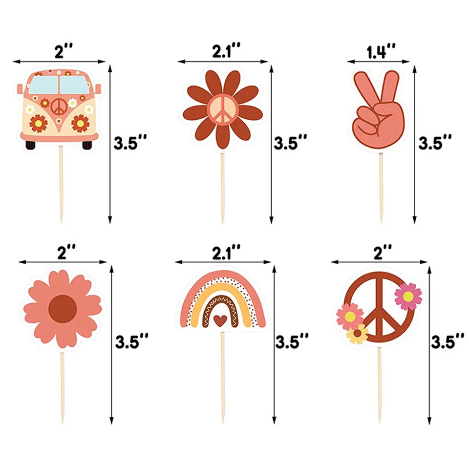 1set Bohemian Hippie Rainbow Flower School Bus Cake Topper Two Groovy Toppers for Kids Bohemian Hippie Birthday Party Decoration