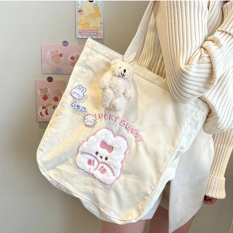 

Cute Pink Rabbit Shoulder Bag for Women 2023 Fashion Canvas Large Capacity Shopper Bags Girls Casual Thicken Book Storage Bags