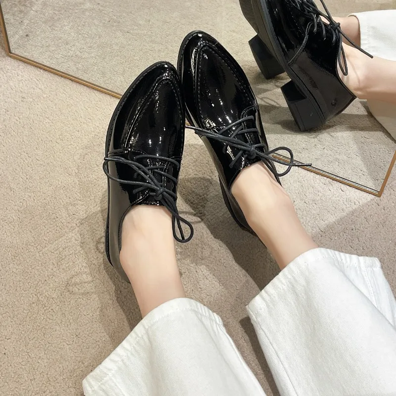 2024 NEW Genuine Leather shoes women square heel pointed toe oxford shoes casual fashion ladies dress shoes