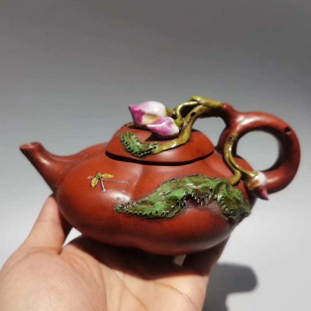 Old Chinese Handcraft Enameled  YiXing Purple Clay  (yellow stoneware) Teapot , Colored Peaches,with mark,