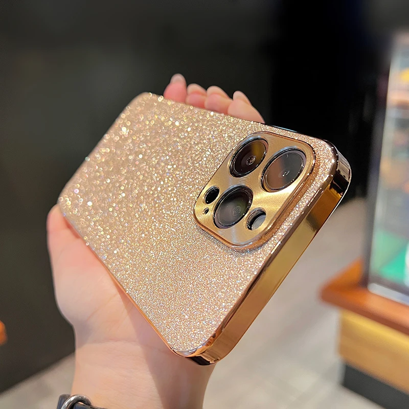 Bling Glitter Phone Case For iPhone 15 11 12 13 14 Pro Max Luxury Gold Plating Camera Lens Protection Shockproof Hard Back Cover