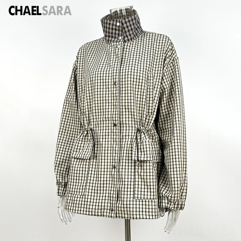 Women's Plaid Stand Collar Loose Jacket - Single Breasted Coat