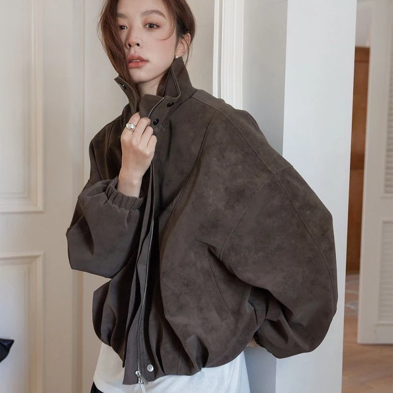 Women Faux Suede Jacket Stand Collar Zip Up Oversized Coat Drop Shoulder High Street Retro Y2K Long Sleeve Winter Warm Outerwear
