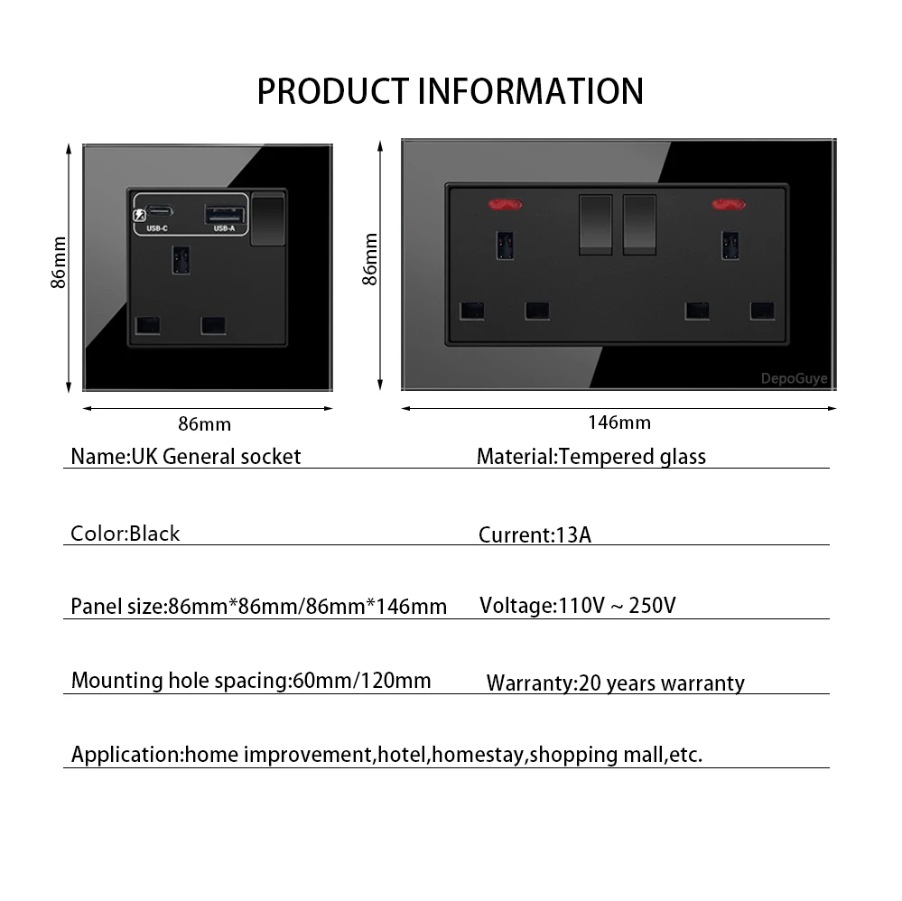 Black UK 13A Wall Socket with USB C 18W Quick Charge Plug Socket, Wall Power Outlet with USB Port, 1-4 Gang Wall Light Switch Pa image 6