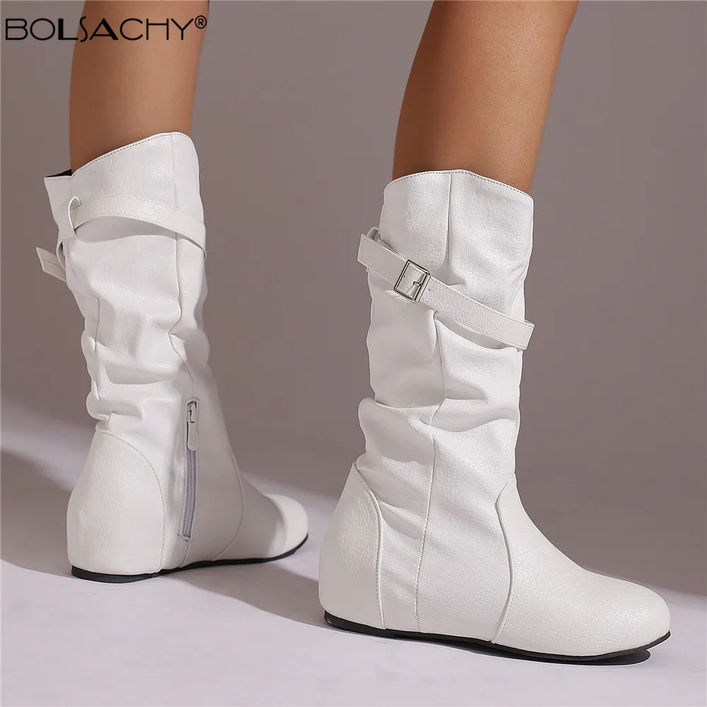 Women Mid-Calf Boots PU Pleated Boots Female Round Toe Shoes Concise Height Increasing Flat Shoes Autumn Winter Size 47 48