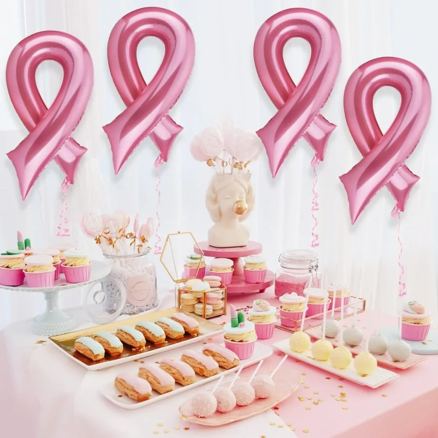 Balões de câncer de mama Decorações de conscientização do câncer de mama 4 PCS Balões de folha em forma de fita rosa Grande conscientização do câncer de mama
