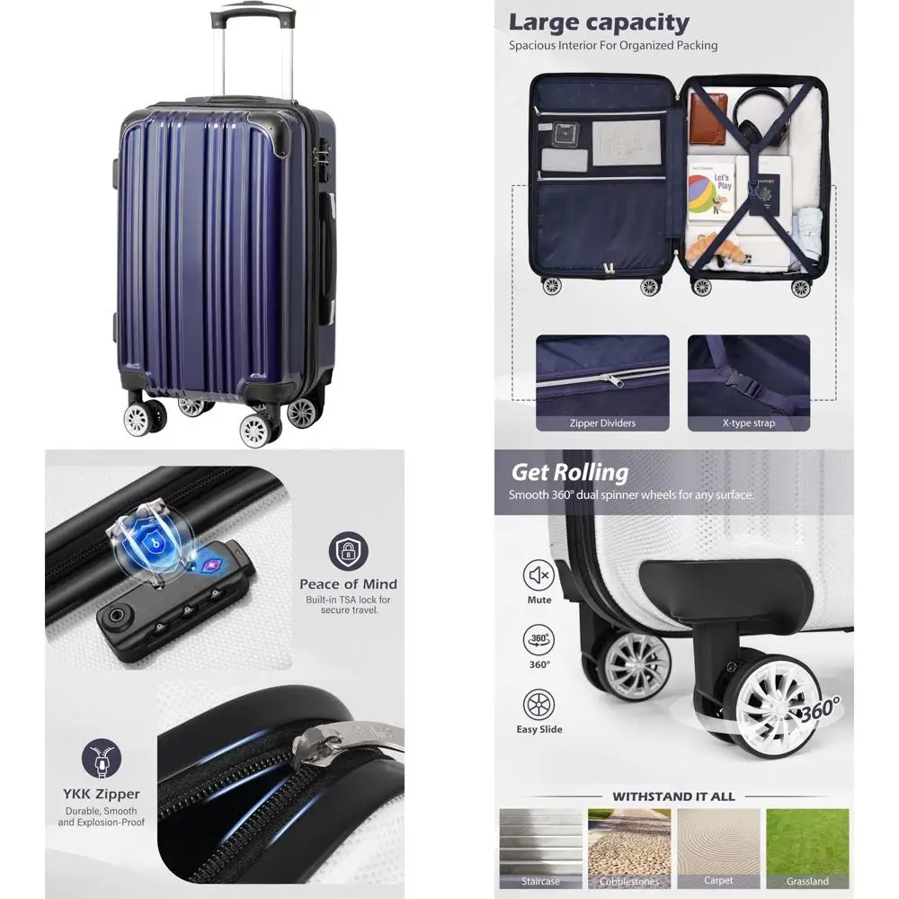 

Expandable Suitcase PC+ABS Spinner Carry-On Luggage 20in 24in 28in Navy Blue, Lightweight Travel Case