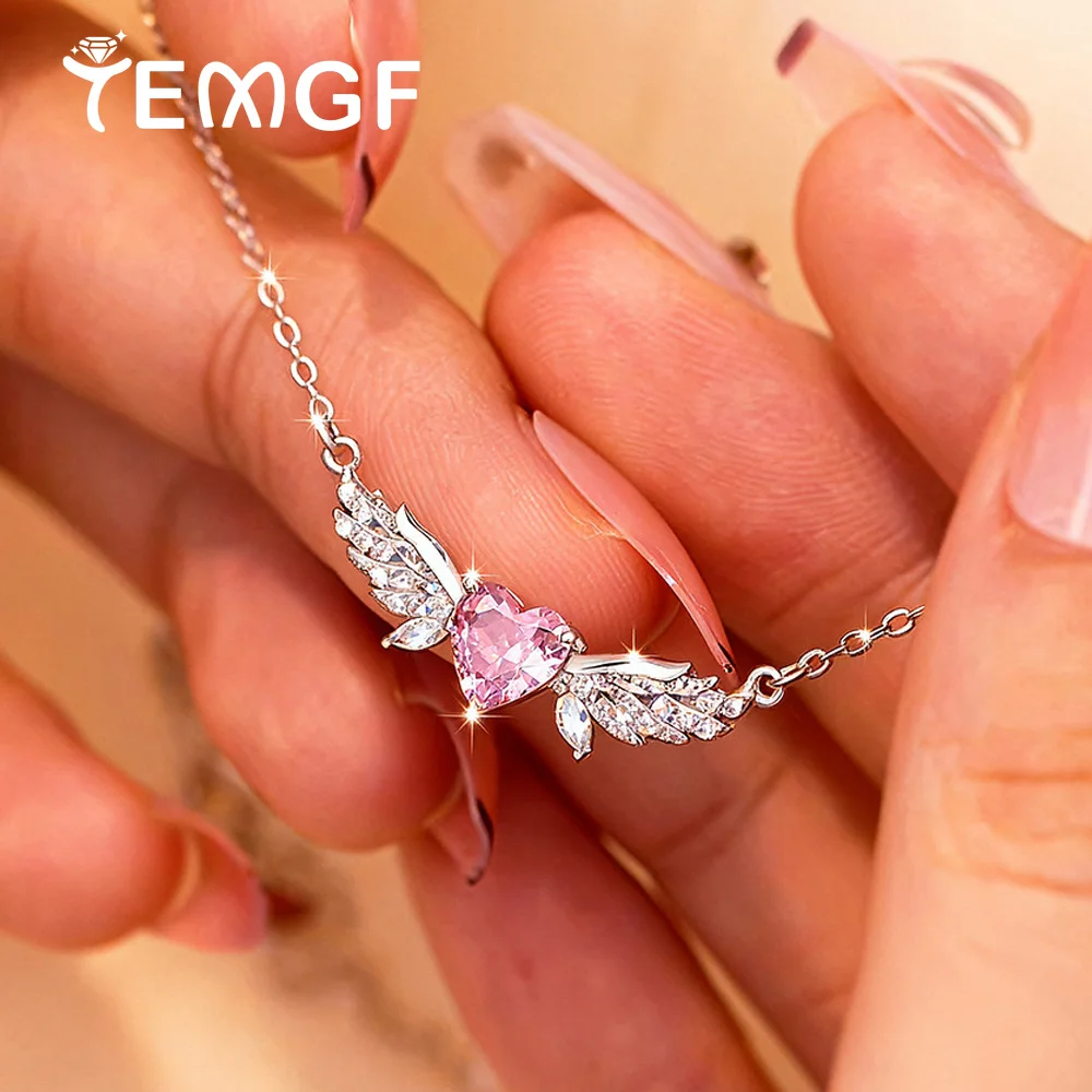 

100% 925 Sterling Silver Wing Pendant Necklaces for Women Pink Color Heart Cut High Carbon Diamond Anniversary Bridal Jewelry