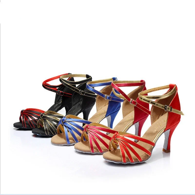 Scarpe da ballo latino da donna Sandali in raso PU da donna Ragazze Salsa Tango Scarpe da ballo da sala Suola morbida Tacchi alti 5 cm/7 cm