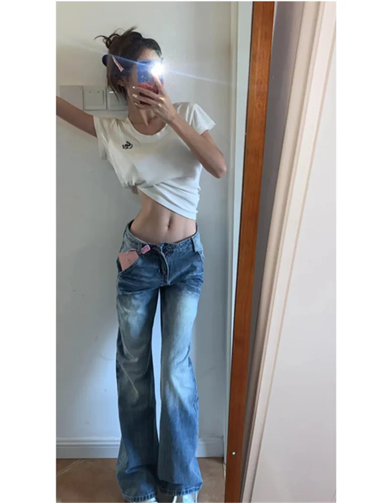 

Высокие женские свободные посадки для похудения с низкой талией, джинсовые джинсы-колокольчики в стиле ретро, синие уличные американские длинные брюки на весну и осень