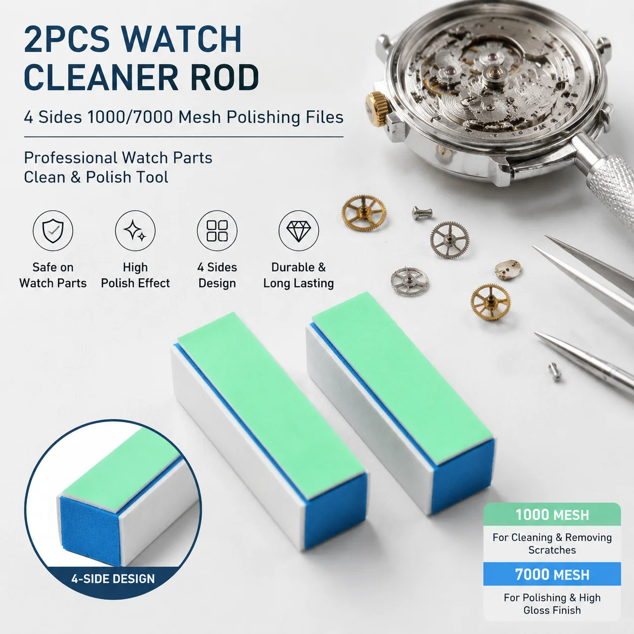 2pcs Watch Cleaner Rod 4 Sides 1000/7000 Mesh Polishing Files Wrist Watch Parts Clean Polish Tool Rod for Watchmaker