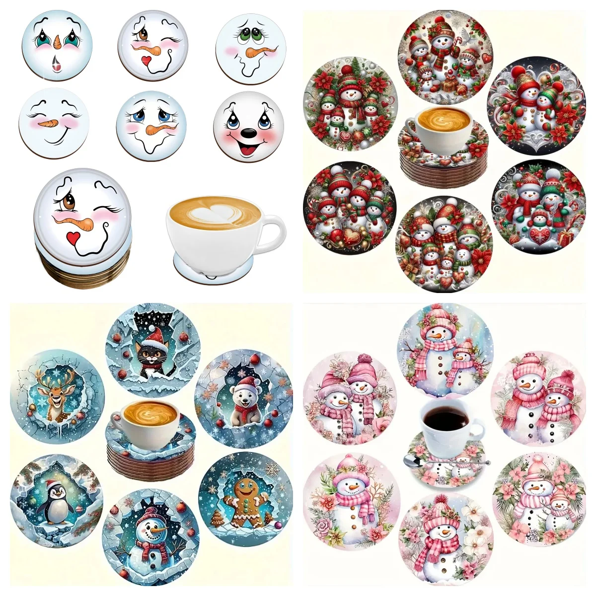 

6 snowman print pads, suitable for daily family gathering decoration, office use, anti-slip wooden coasters, and festival gifts