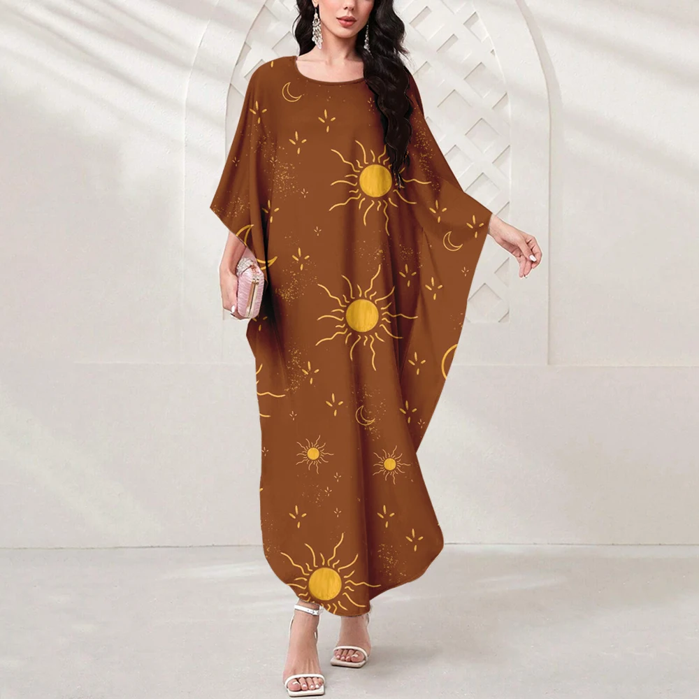 Women's Eid Muslim Dress Tight Waist O Neck Casual Starry Print Dress Dubai Islamic Abaya Moroccan Arabic Outdoor Clothing