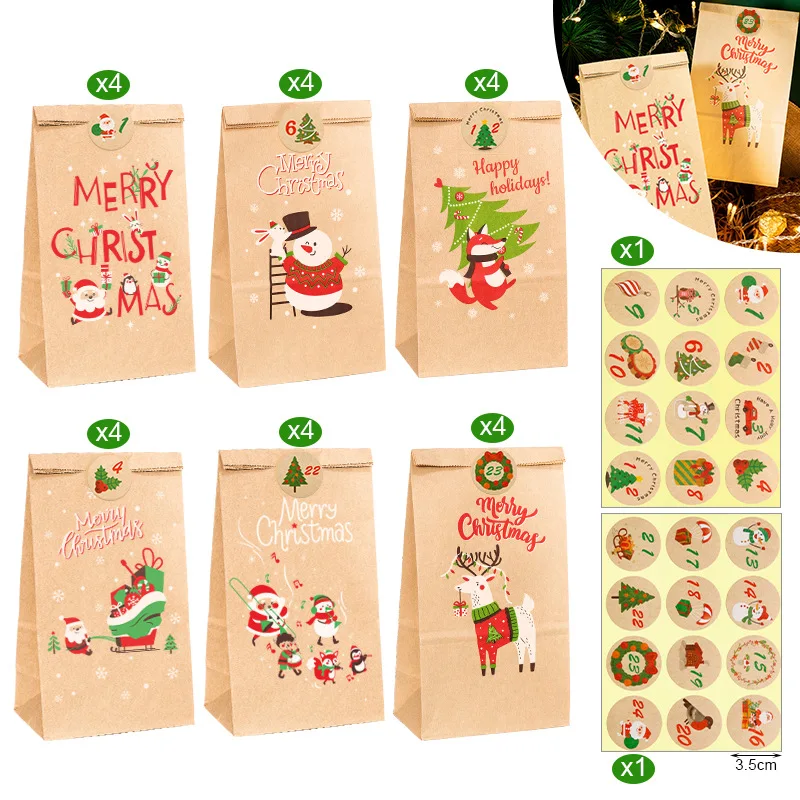 Weihnachts geschenk Taschen Kraft Papiertüte Süßigkeiten Keks Verpackung Tasche Weihnachten Advents kalender digitale Aufkleber Verpackung liefert 24 stücke – Detail 6