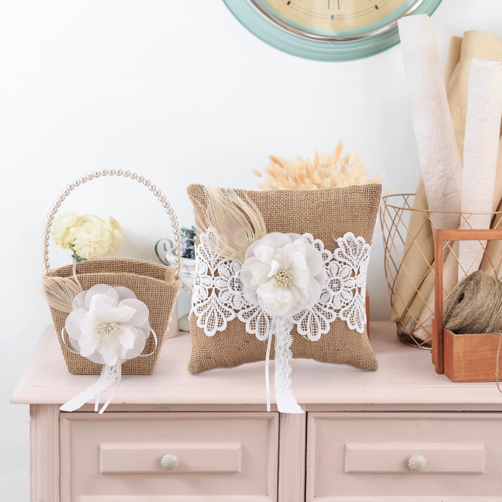 

Lace Linen Pillow Flower Basket Set PP Cotton Cloth Rings Pillows Decoration Storage Bag With Handle Wedding Party DIY Supplies