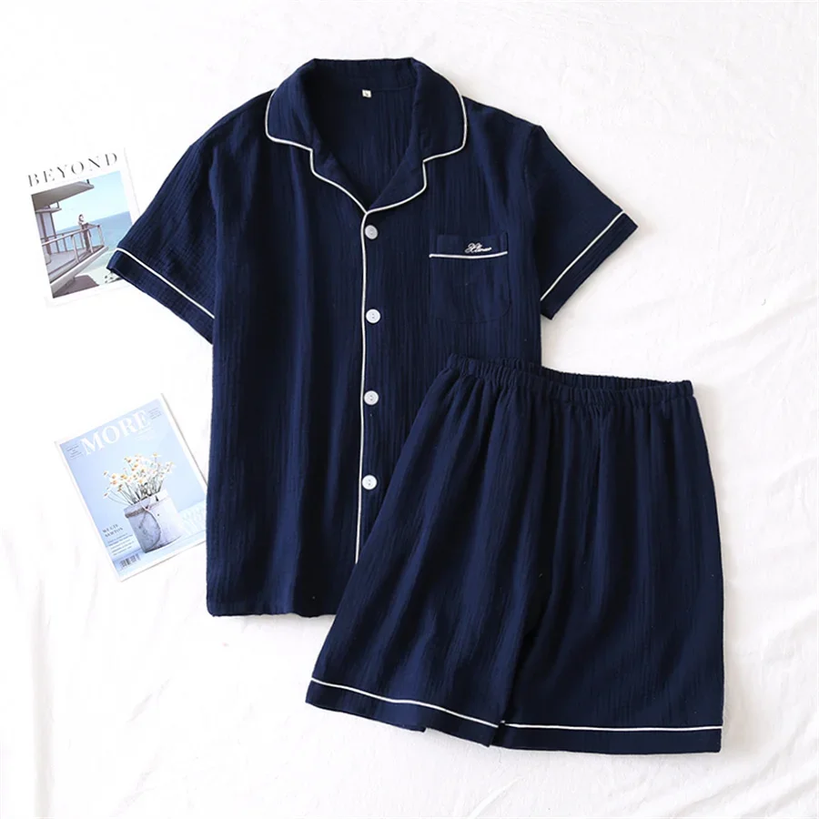 2024 New Summer Men Pajamas Suit Cotton Crepe Gauze Solid Color Simple Short-sleeved Shirt Shorts Sleepwear Men's Loungewear