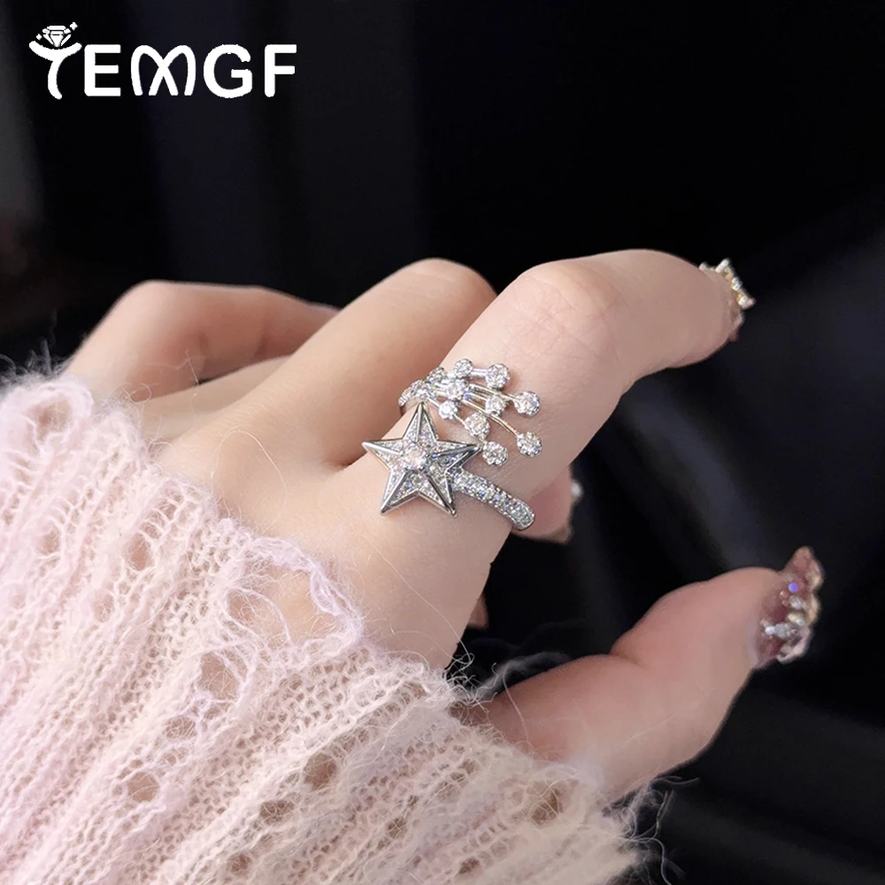 

Кольцо TEMGF с муассанитом для женщин, открытое кольцо из чистого серебра 925 пробы со звездой, регулируемое вечернее модное блестящее ювелирное изделие, проверено, сертифицированное