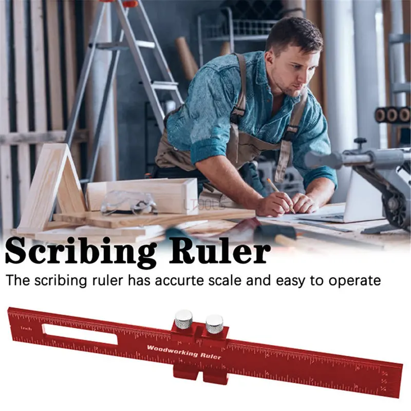 Aluminum Alloy 3 Sets of Red T-shaped Woodworking Tools Round Hole Ruler Portable Woodworker DIY Multifunctional Scriber Ruler