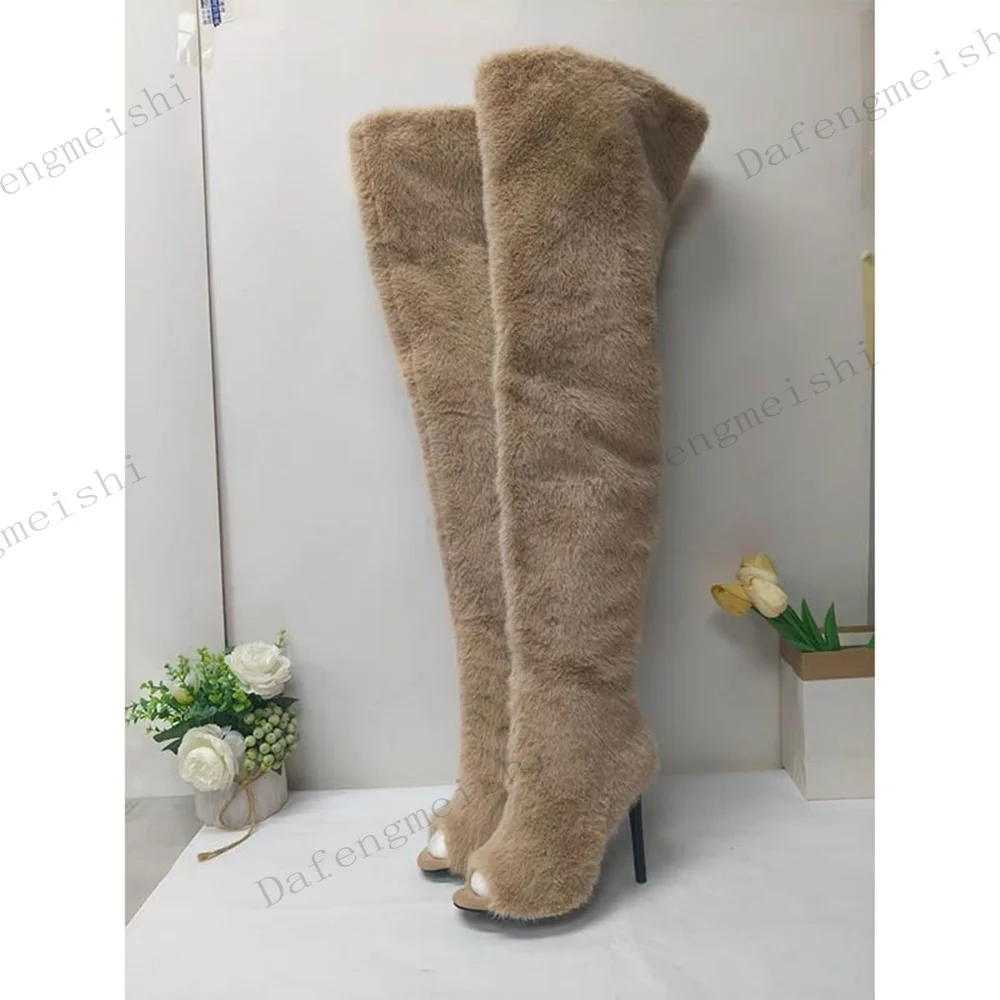 Damen Pelzige Overknee-Stiefel mit Peeptoe und Stiletto-Absatz 2026 Neue Mode Pelzige Oberschenkelhohe Stiefel Winter Warme Stiefel für Party und Club