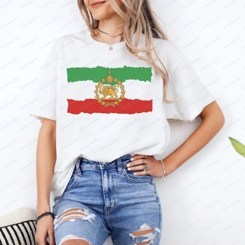 Iran-Flagge, Löwe und Sonne, Unisex-T-Shirt, persisches Erbe, patriotisches Baumwoll-T-Shirt, lässiger Stil, Oberteile mit O-Ausschnitt, Retro-Klassiker, Damenbekleidung