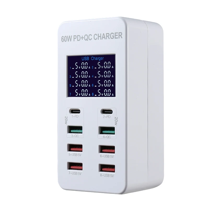 60W USB C Charger QC 3.0 8 Ports Type C PD Fast Charging Phone Adapter For iPhone Samsung Xiaomi Huawei Multi Ports Wall Charger