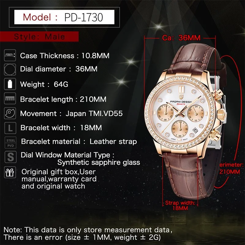PAGANI DESIGN Women's Chronograph Quartz Watch Rose Gold Luxury Sapphire Stainless Steel Sport Elegant Women's Watch+Gift Box view 3