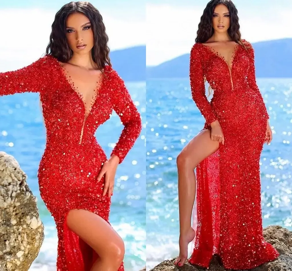 Vestido De fiesta rojo brillante para mujer, vestido Formal De noche Sexy con cuentas y lentejuelas, estilo árabe Dubai, 2023